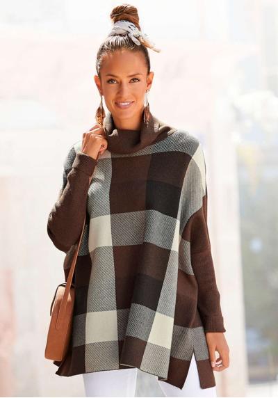 Свитер-водолазка в стиле повседневного пончо, свитер свободной вязки с клетчатым узором.