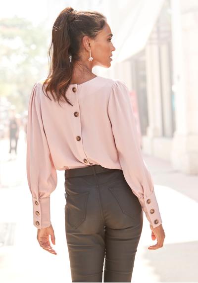 Блуза с длинными рукавами, с декоративной планкой на пуговицах сзади, элегантная женская блузка, деловой образ.