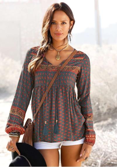 Блуза-слип с этническим принтом и декоративными бусинами, стиль бохо, блузка с длинными рукавами