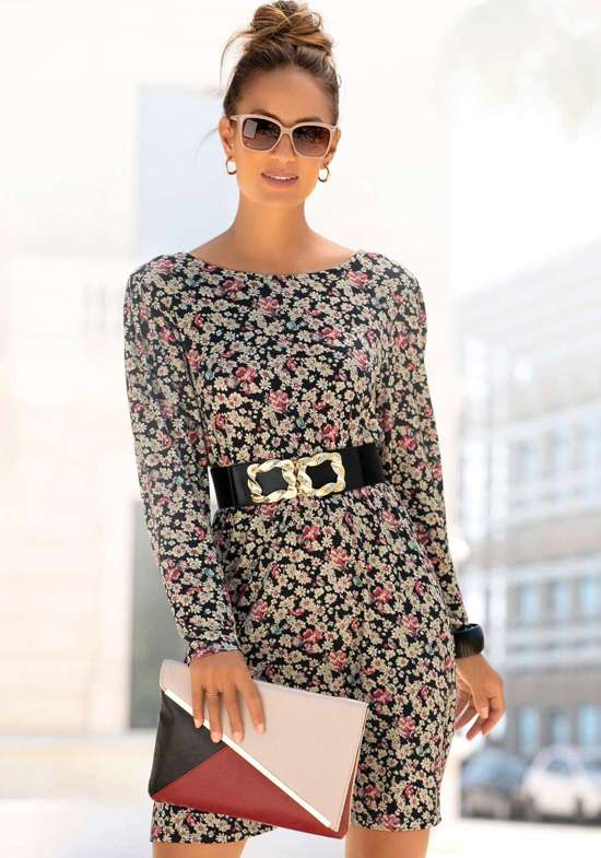 Платье из джерси с цветочным принтом и длинными рукавами