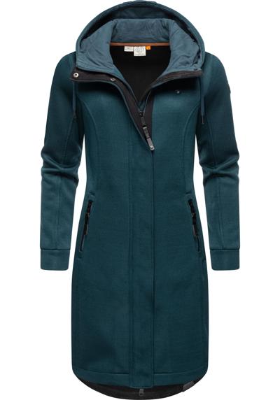 Короткое пальто-переходное пальто из ребристой вязки с капюшоном.