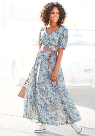 Платье-макси с нежным цветочным принтом и V-образным вырезом, летнее платье, пляжное платье.