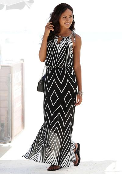 Платье макси, черно-белое с разрезом, летнее платье, пляжное платье
