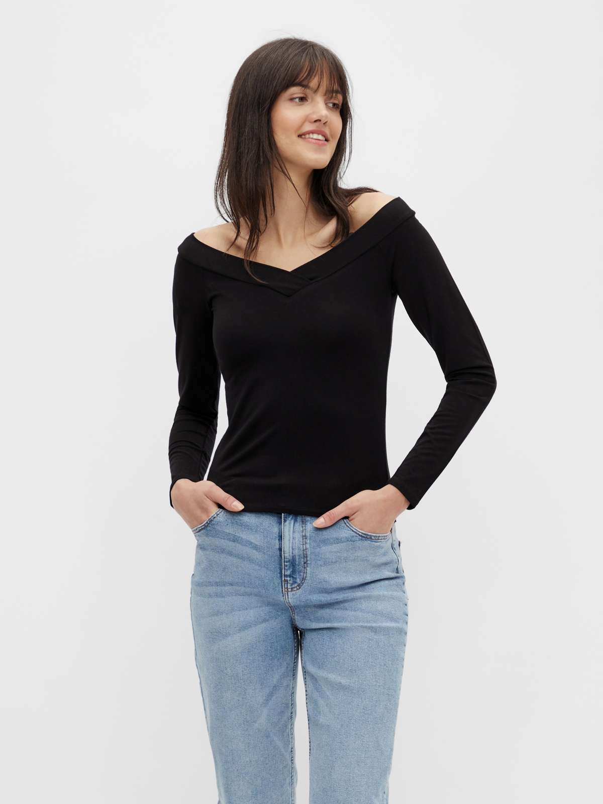 Рубашка с длинным рукавом PCMALIVA LS OFF SHOULDER V-NECK TOP NOOS