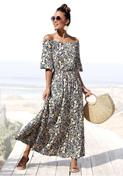 Платье макси с цветочным принтом и вырезом кармен, летнее платье, пляжное платье