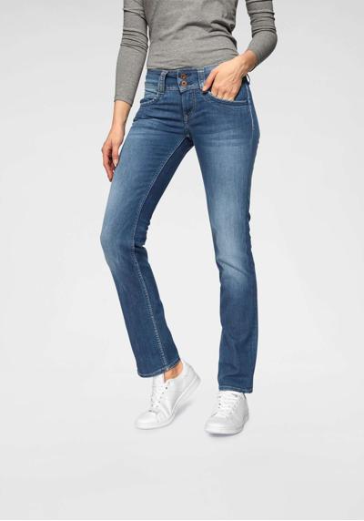 Прямые джинсы прекрасного качества с прямыми штанинами и поясом на двух пуговицах.