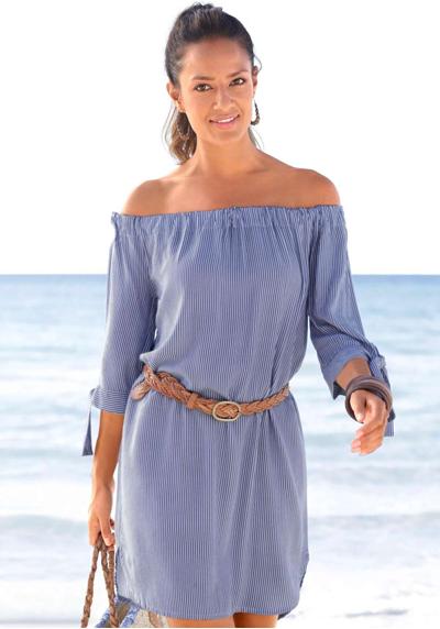 Платье-блузка с полосатым принтом и вырезом кармен, летнее платье, пляжное платье