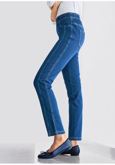 Узкие джинсы без застежки из потного денима.