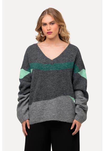 Вязаный пуловер с узором V-образный вырез с длинными рукавами из смеси шерсти