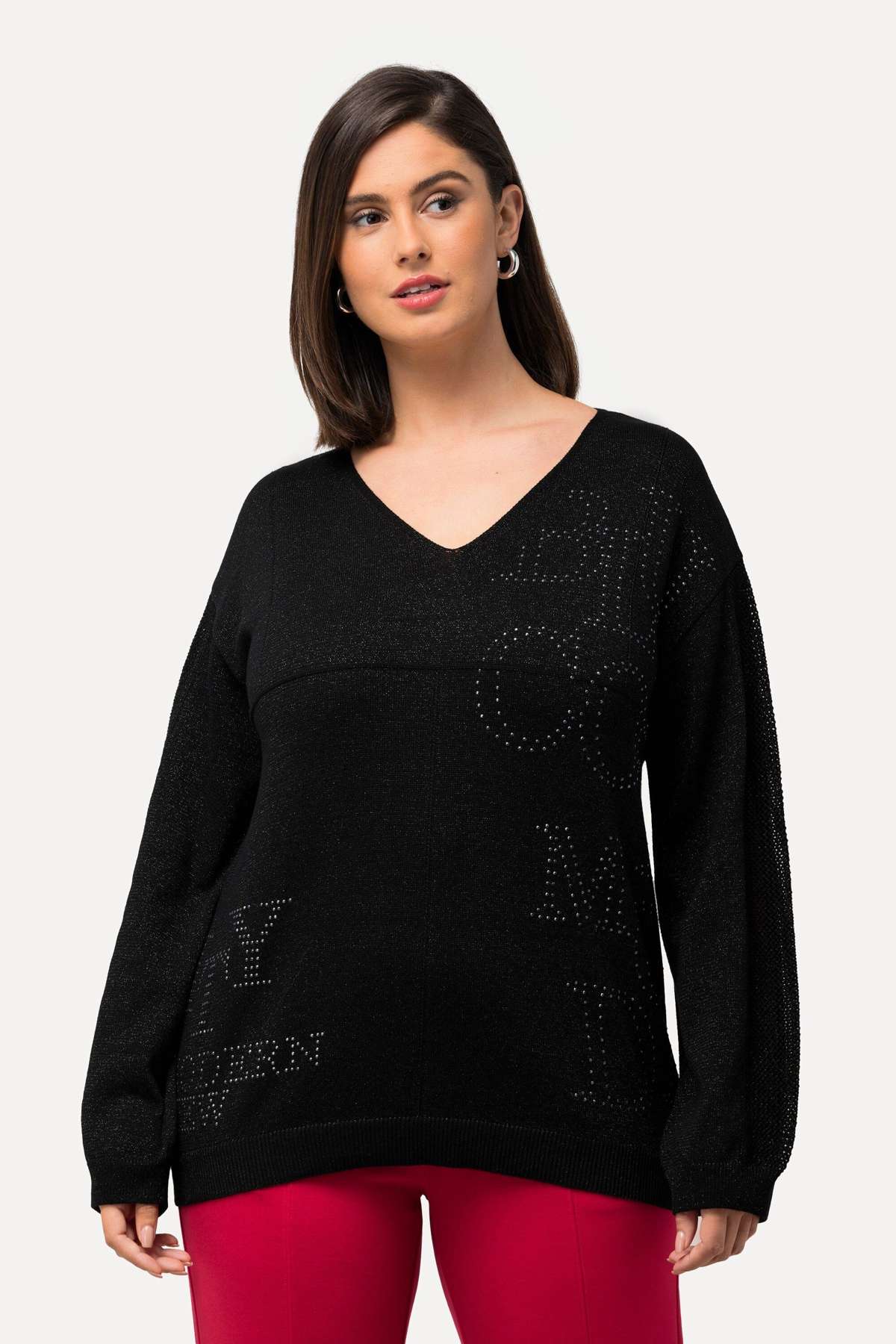 Вязаный свитер-пуловер с декоративными камнями V-образный вырез с длинным рукавом