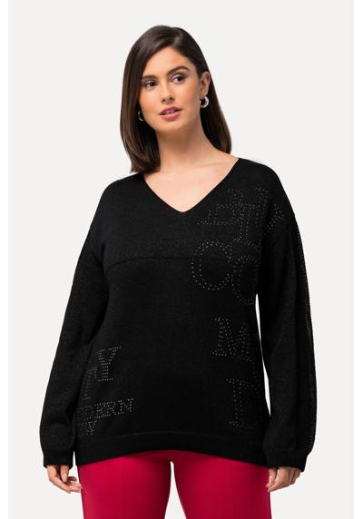 Вязаный свитер-пуловер с декоративными камнями V-образный вырез с длинным рукавом