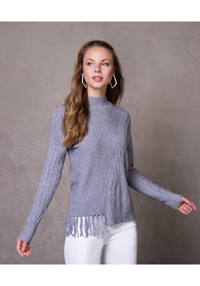 Вязаный свитер Асимметричный свитер сложной вязки с бахромой и воротником стойкой.