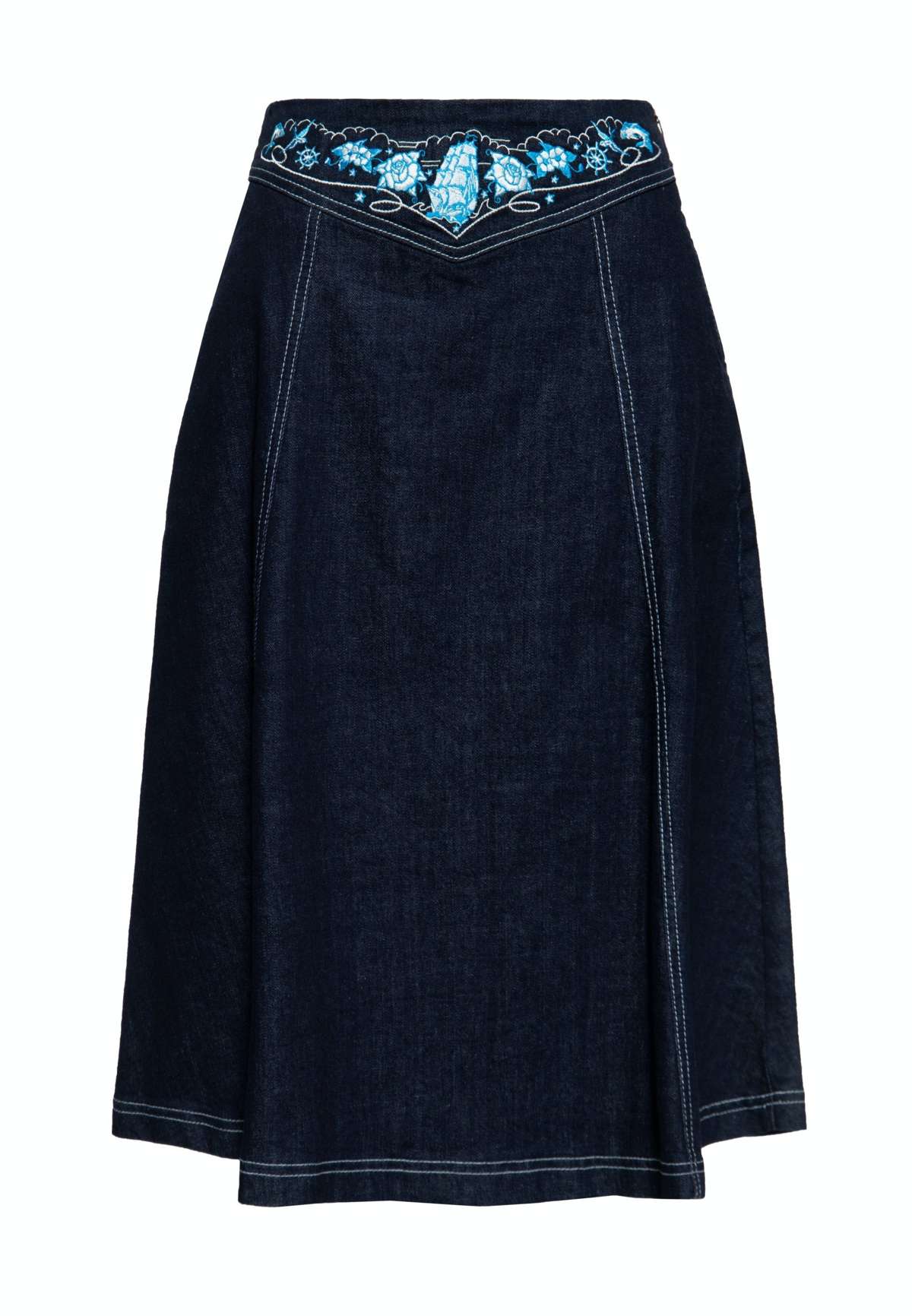 Джинсовая юбка с качественной контрастной вышивкой на поясе.