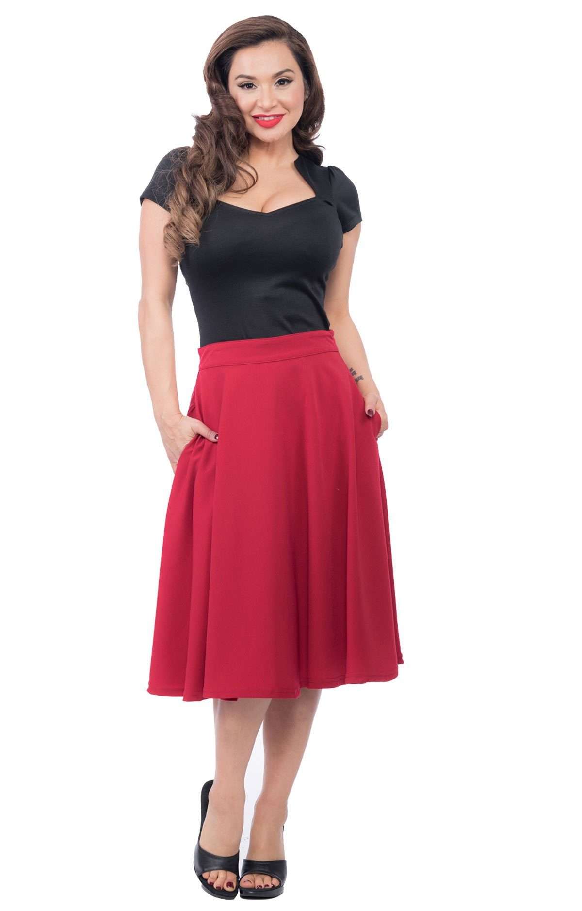 Юбка-трапеция Карман с высокой талией Острые ощущения Красная винтажная распашная юбка в стиле ретро