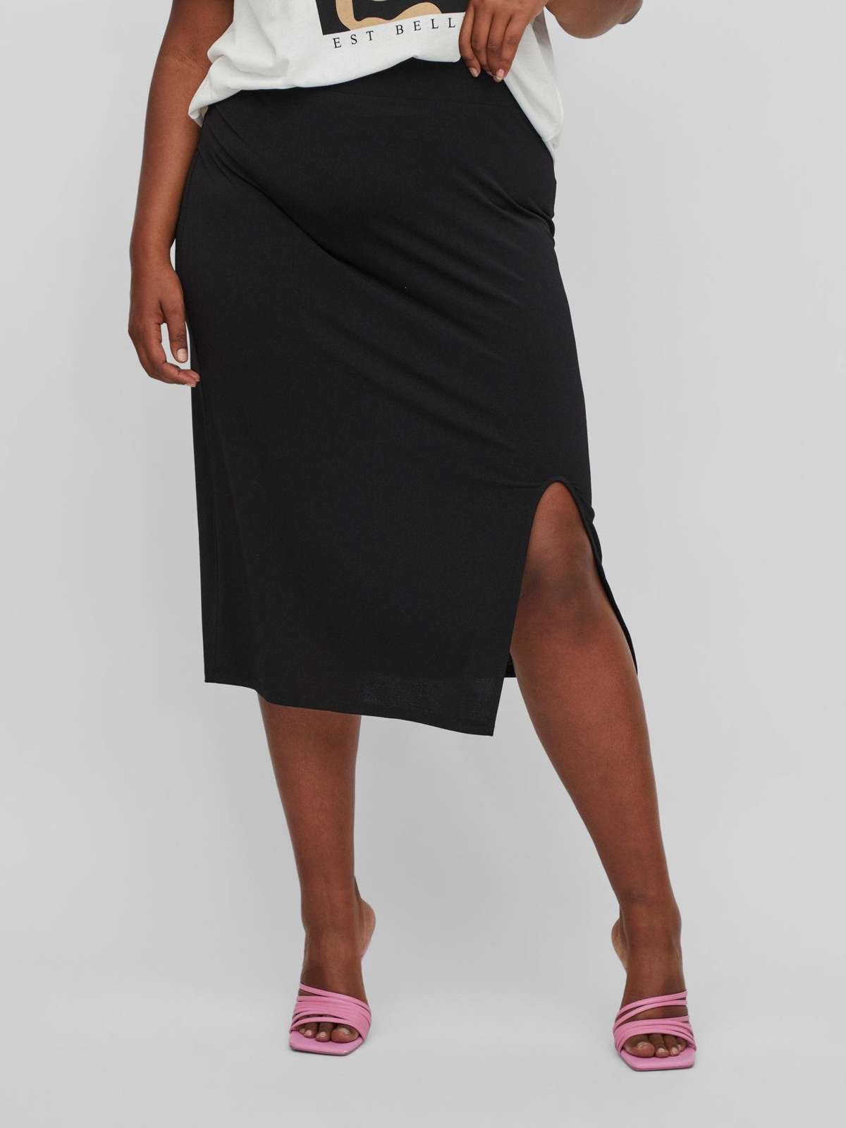 Летняя юбка элегантная юбка-карандаш больших размеров миди с разрезом по бокам 6195 черного цвета-2