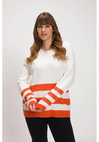Вязаный пуловер, полосатые манжеты, круглый вырез, длинные рукава.