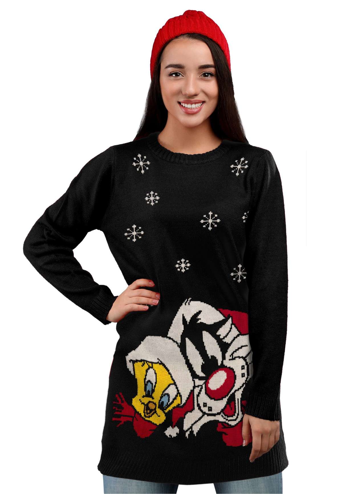 Рождественский свитер Вязаное платье Looney Tunes — Sylvester and Tweety Christmas Black