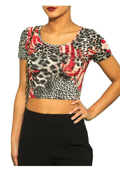 Укороченный топ, рубашка с круглым вырезом, короткими рукавами и леопардовым принтом