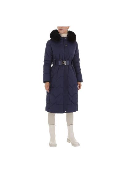 Зимнее женское пальто для досуга с капюшоном на подкладке темно-синего цвета