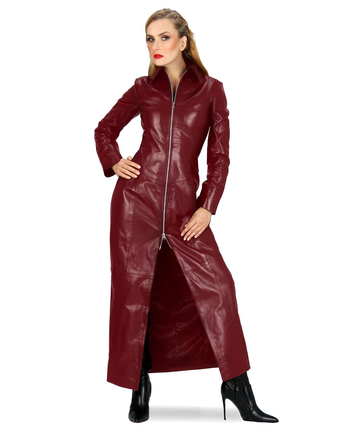 Кожаное пальто кожаное пальто Лара бордовое с корсажем сзади, мягкая наппа ягненка