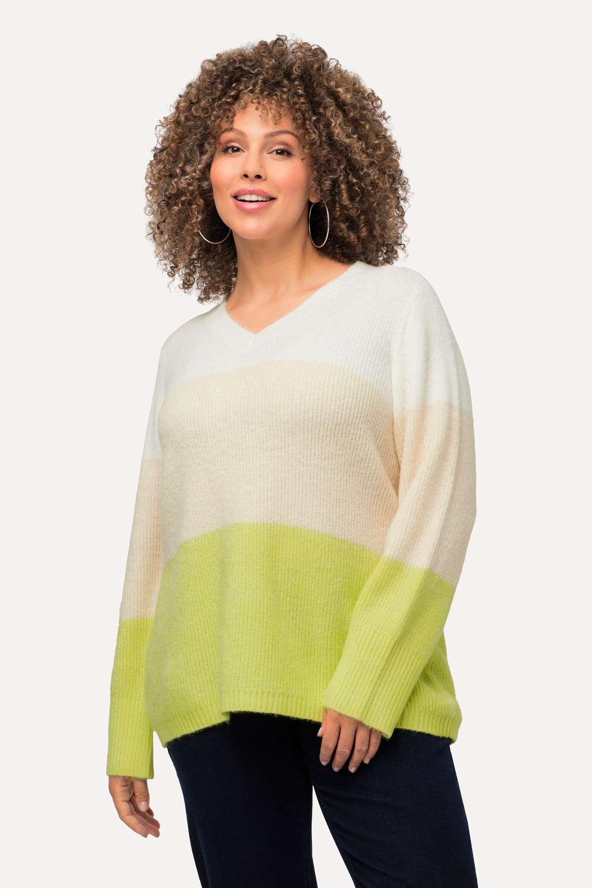 Вязаный свитер пуловер в полоску с V-образным вырезом и длинным рукавом
