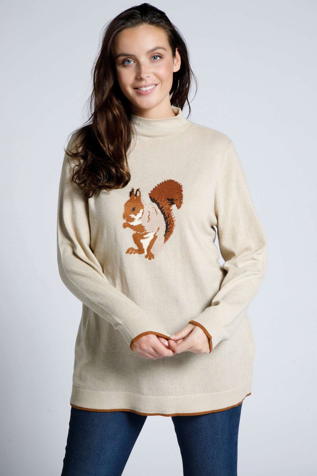 Вязаный пуловер с животным мотивом, воротник стойка, длинные рукава