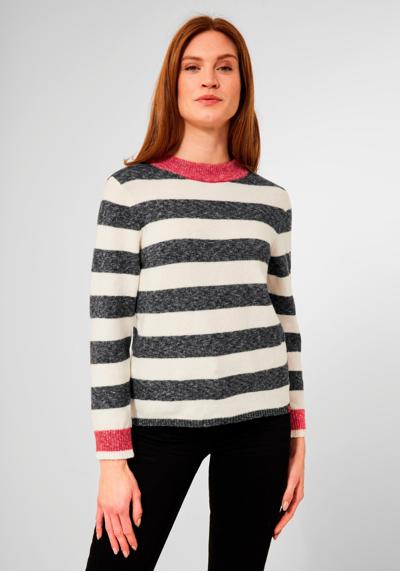 Вязаный свитер с контрастными цветными деталями на горловине и рукавах.